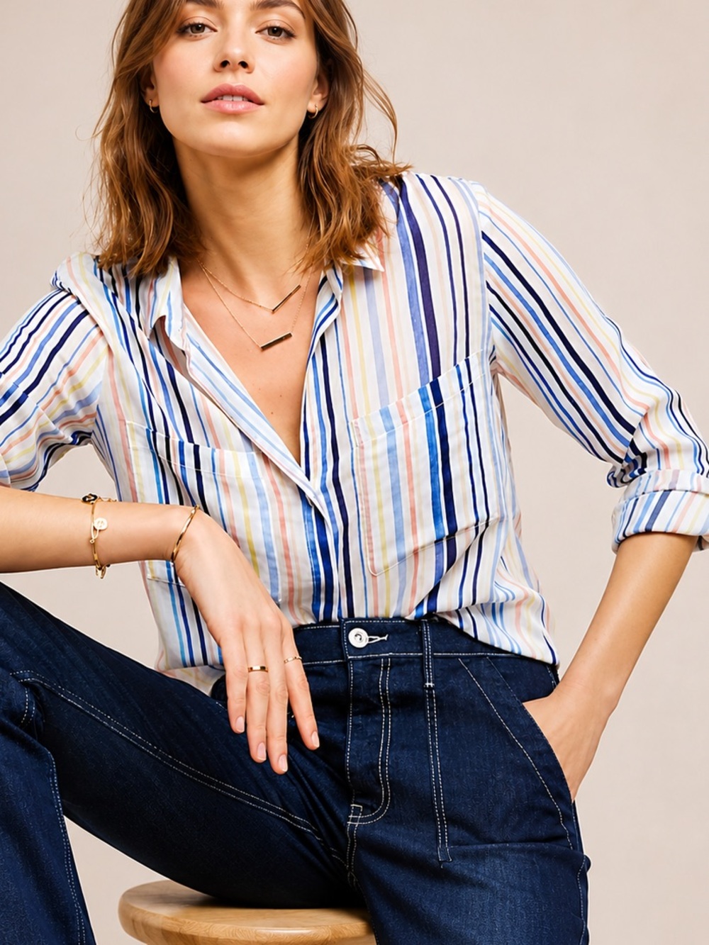 Anthropologie Cloth & Stone Striped Button Down Top Casual Coastal Soft Size S
